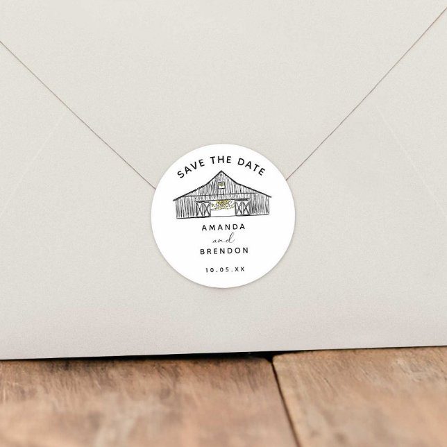 Elegant Barn Wedding Save the Date Classic Round Sticker (Creator Uploaded)