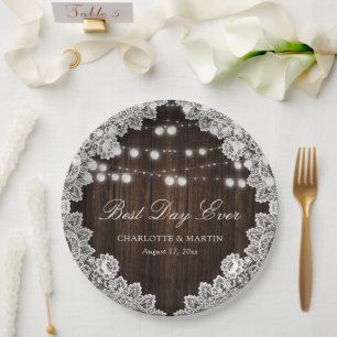 Elegant Barn Wood Lace String Lights Wedding Paper Plate