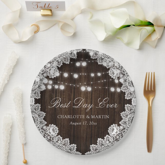 Elegant Barn Wood Lace String Lights Wedding Paper Plate (Wedding)