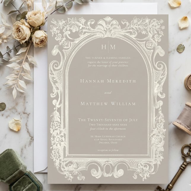 Elegant Baroque Arch Neutral Tan Ivory Wedding Invitation (Creator Uploaded)