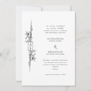 Elegant Baroque Black White Floral Formal Wedding Invitation