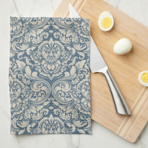 Elegant Baroque Blue Damask Brocade on White Tea Towel