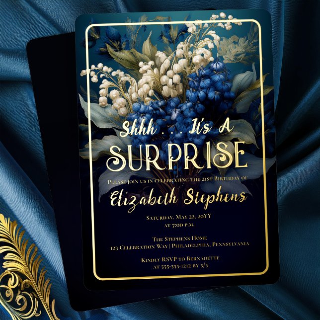 Elegant Baroque Blue Floral Surprise 21st Birthday (Elegant Baroque Dark Moody Blue and White Floral Surprise 21st Birthday Party Gold Foil Invitation)