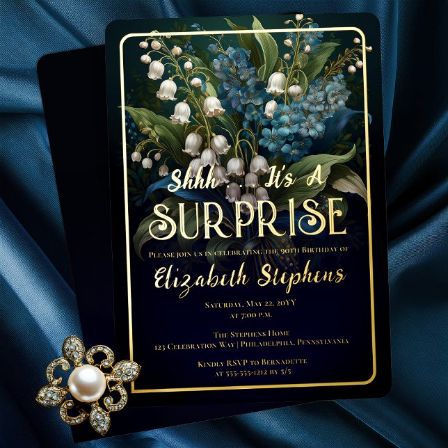 Elegant Baroque Blue Floral Surprise 90th Birthday (Elegant Baroque Style Dark Moody Blue | White Floral "SURPRISE" 90th Birthday Party Gold Foil Invite)