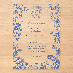 Elegant Baroque Blue French Garden Floral Wedding Acrylic Invitations