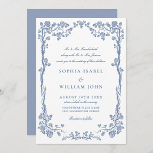 Elegant Baroque Blue French Garden Floral Wedding Invitation