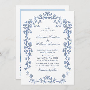 Elegant Baroque Blue French Garden Floral Wedding Invitation