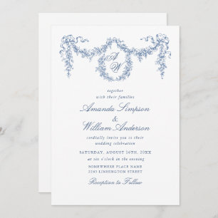Elegant Baroque Blue French Garden Floral Wedding Invitation