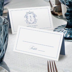 Elegant Baroque Crest Monogram Blue Wedding Place Card