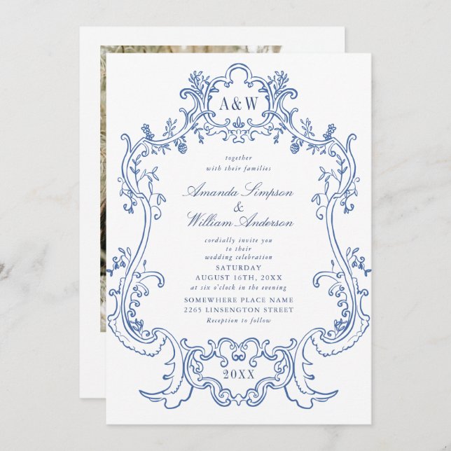 Elegant Baroque Dusty Blue Frame Photo Wedding Invitation (Front/Back)