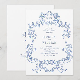Elegant Baroque Dusty Blue Frame Rehearsal Dinner Invitation