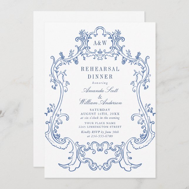 Elegant Baroque Dusty Blue Frame Rehearsal Dinner Invitation (Front/Back)