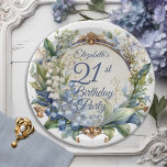Elegant Baroque Floral Frame 21st Birthday Party Paper Plate<br><div class="desc">A stunning garden-inspired birthday party design featuring an elaborate Baroque-style decorative circular frame adorned with an elegant blend of floral motifs. The dusky blue frame is gracefully draped in delicate Lily of the Valley and Hawthorn flowers, creating a romantic and timeless atmosphere. The intricate detailing of the Baroque elements adds...</div>