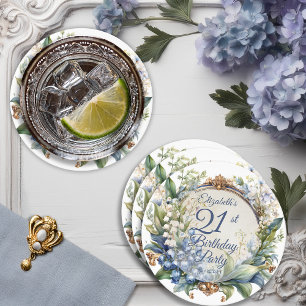 Elegant Baroque Floral Frame 21st Birthday Party Round Paper Coaster