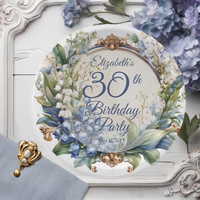 Elegant Baroque Floral Frame 30th Birthday Party Paper Plate (Elegant Baroque Lily of the Valley and Hawthorn Floral Frame 30th Birthday Party Paper Plates)