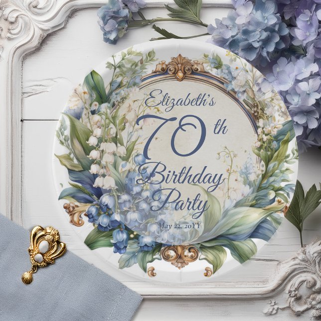 Elegant Baroque Floral Frame 70th Birthday Party Paper Plate (Elegant Baroque Lily of the Valley and Hawthorn Floral Frame 70th Birthday Party Paper Plates)
