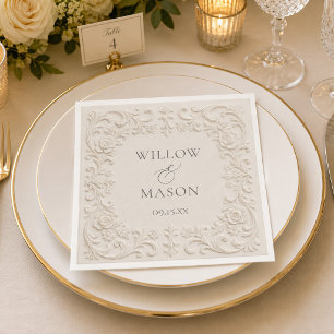 Elegant Baroque Floral Ivory Scrollwork Wedding Napkin
