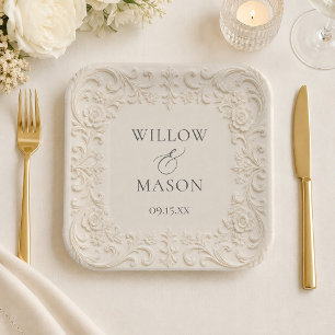 Elegant Baroque Floral Ivory Scrollwork Wedding  Paper Plate