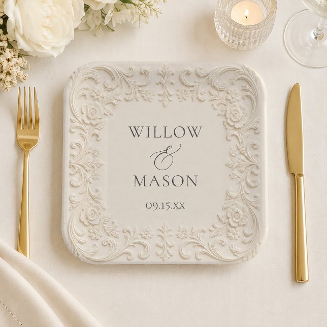 Elegant Baroque Floral Ivory Scrollwork Wedding  Paper Plate (Elegant Baroque Floral Ivory Scrollwork Wedding Paper Plates)