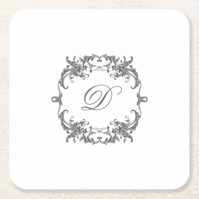 Elegant Baroque Frame with Your Monogram Initial Square Paper Coaster (Front)