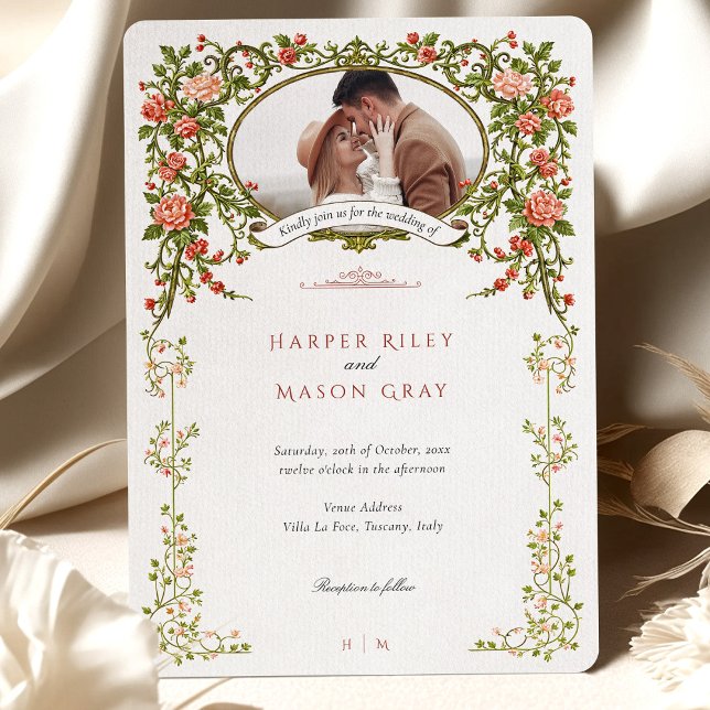 Elegant Baroque Gold Floral Photo Wedding Invitation (Creator Uploaded)