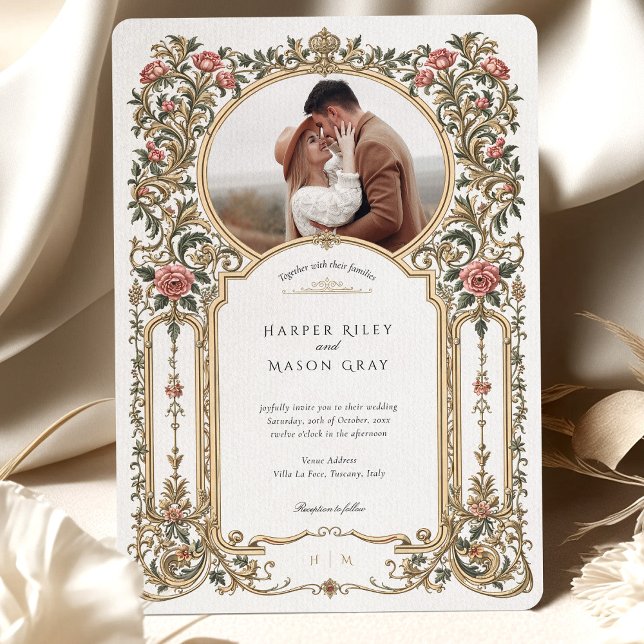 Elegant Baroque Gold Floral Photo Wedding Invitation (Creator Uploaded)