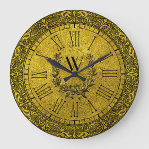 Elegant Baroque Gold Wreath Monogram Large Clock