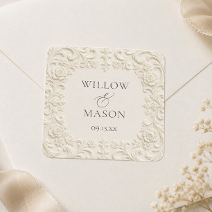 Elegant Baroque Ivory Floral Scrollwork Wedding  Square Sticker