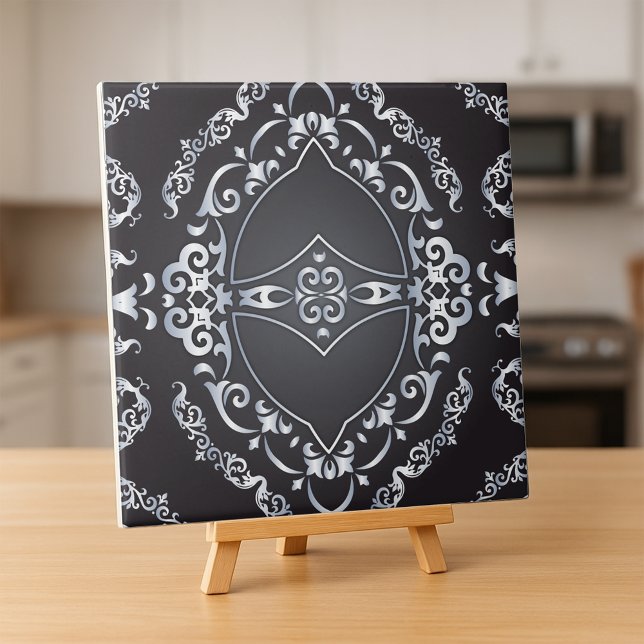 Elegant Baroque Luxury Chic Black & Silver Border  Tile (Creator Uploaded)