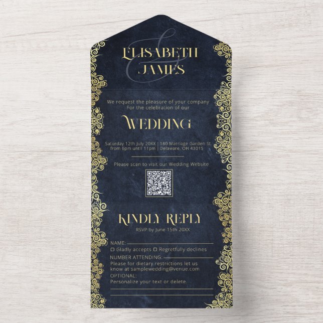 Elegant Baroque Navy And Gold Classy Chic Wedding  All In One Invitation (Inside)