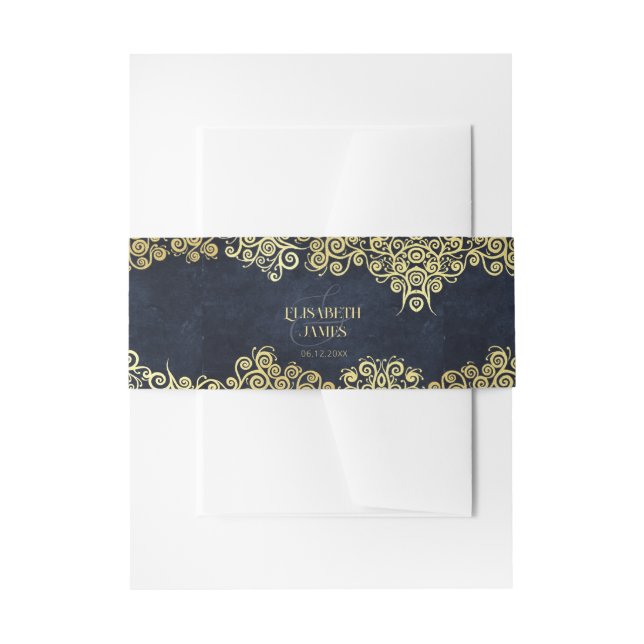 Elegant Baroque Navy And Gold Classy Chic Wedding  Invitation Belly Band (Front Example)