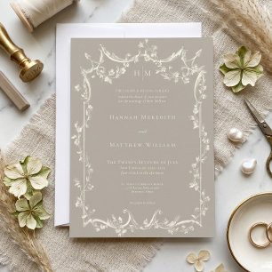 Elegant Baroque Vintage Neutral Tan Ivory Wedding Invitation