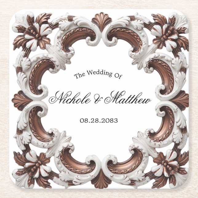 Elegant Baroque Wedding Square Paper Coaster (Front)