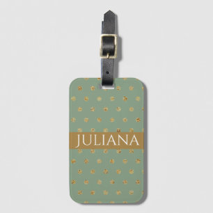 Elegant Basil Green and Gold Polka Dots   Luggage Tag