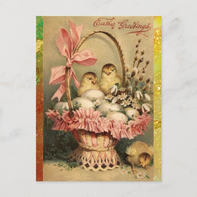ELEGANT BASKET ,CHICKENS,FLOWERS AND EASTER EGGS HOLIDAY POSTCARD (Front)