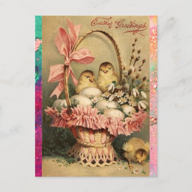 ELEGANT BASKET ,CHICKENS,FLOWERS AND EASTER EGGS HOLIDAY POSTCARD (Front)