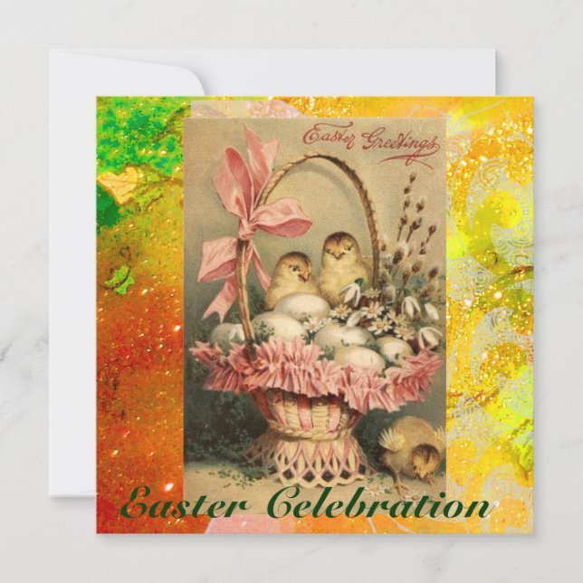 ELEGANT BASKET ,CHICKENS,FLOWERS AND EASTER EGGS INVITATION (Front)