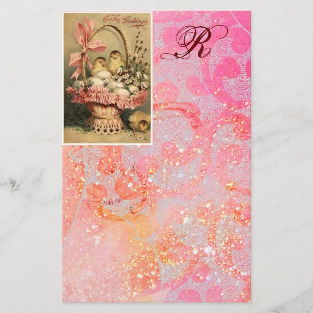 ELEGANT BASKET ,CHICKENS,FLOWERS AND EASTER EGGS STATIONERY (Front)