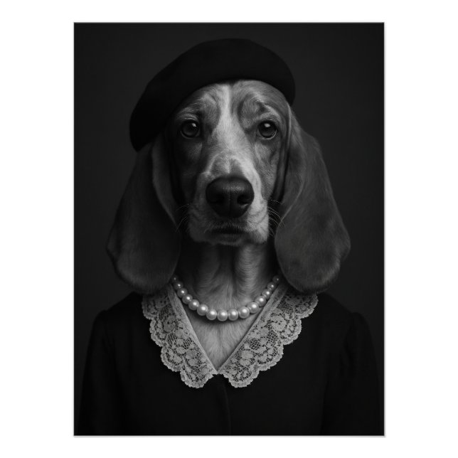 Elegant Basset Hound Lady with Beret and Pearl Poster (Front)