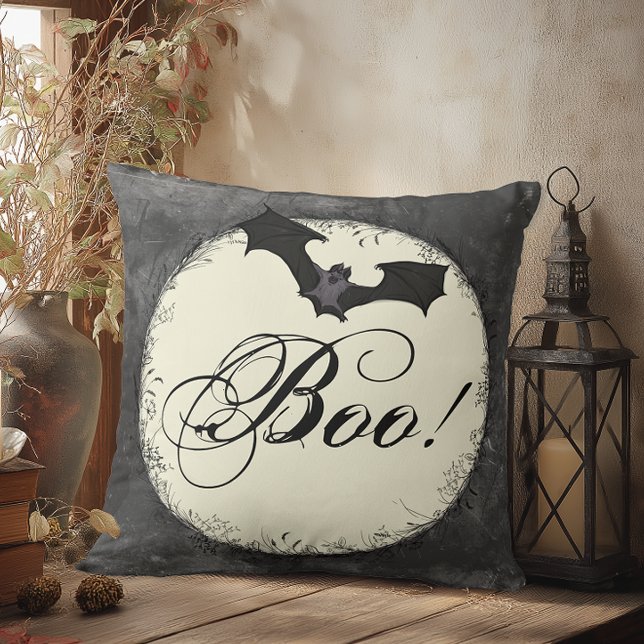 Elegant Bat Boo Halloween Cushion (Halloween throw pillow with distressed moon, bat, and “Boo!” in script, gothic grunge Halloween home)
