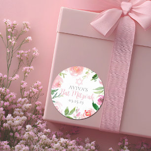 Elegant Bat Mitzvah Party Personalised Pink Floral Classic Round Sticker