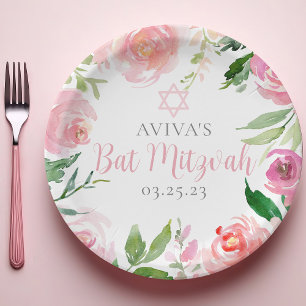 Elegant Bat Mitzvah Party Personalised Pink Floral Paper Plate
