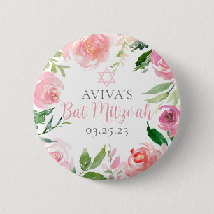 Elegant Bat Mitzvah Party Personalized Pink Floral 6 Cm Round Badge