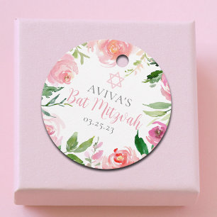 Elegant Bat Mitzvah Personalised Pink Floral Party Favour Tags