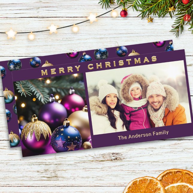 Elegant Bauble Ornaments Family Photo Christmas Holiday Card (An elegant, modern Christmas card, with custom photo, family name in faux gold, and baubles picture)