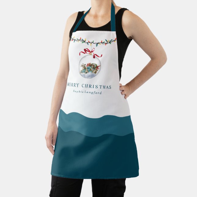Elegant Bauble Red Bow Merry Christmas Teal Apron (Insitu)