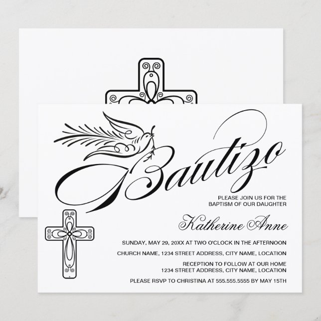 Elegant Bautizo Vintage Script Cross and Dove Invitation (Front/Back)