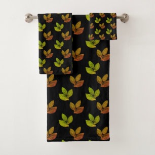 Elegant Bay Leaves on Black Bath Towel Set