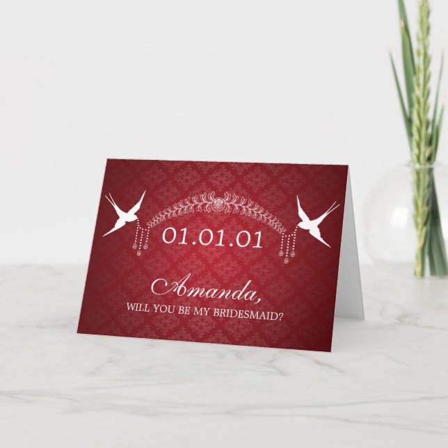 Elegant Be My Bridesmaid Birds & Diamonds Red Invitation (Front)