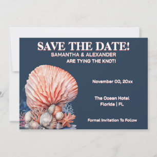 Elegant Beach Coral Wedding Invitation Blue